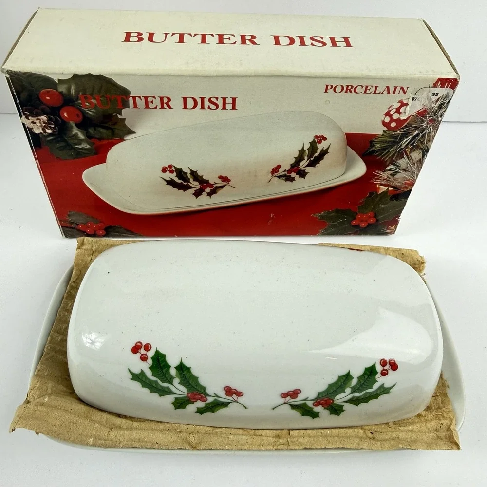 Christmas Holly Butter Dish Porcelain White Holiday Table Decor Green Red 1991